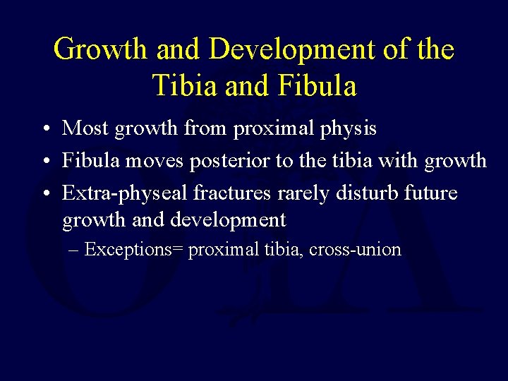 Growth and Development of the Tibia and Fibula • Most growth from proximal physis