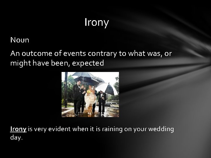 Irony Noun An outcome of events contrary to what was, or might have been,