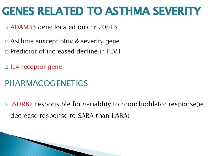 GENES RELATED TO ASTHMA SEVERITY q ADAM 33 gene located on chr 20 p