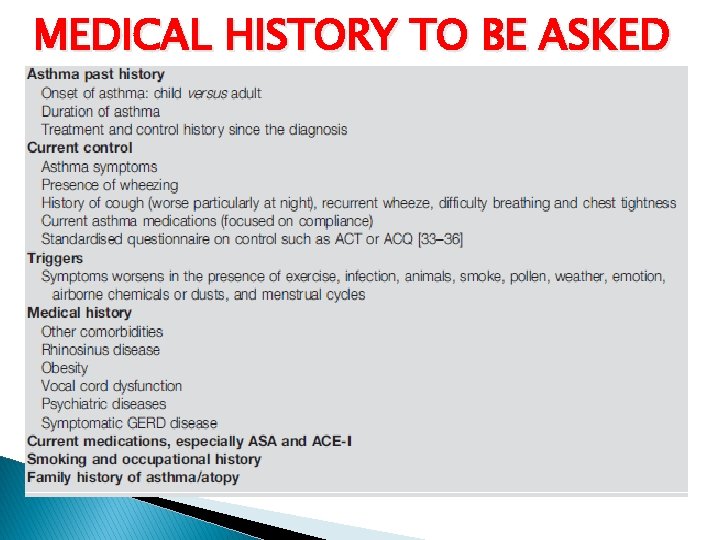 MEDICAL HISTORY TO BE ASKED 