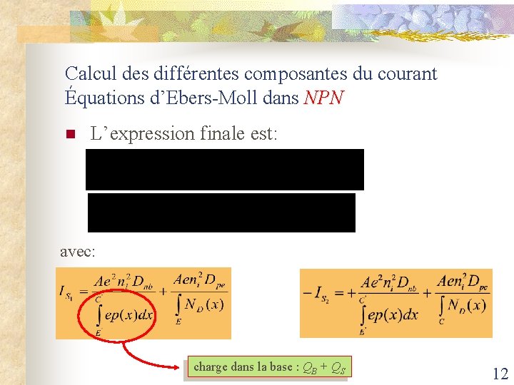 Calcul des différentes composantes du courant Équations d’Ebers-Moll dans NPN n L’expression finale est: