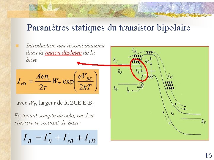 Paramètres statiques du transistor bipolaire n Introduction des recombinaisons dans la région déplétée de