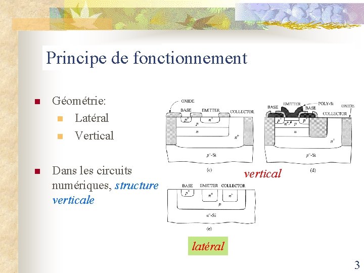 Principe de fonctionnement n Géométrie: n Latéral n Vertical n Dans les circuits numériques,