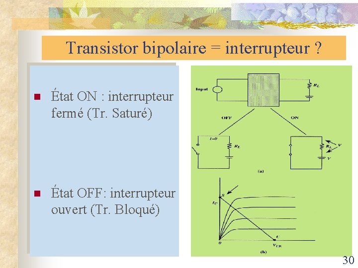 Transistor bipolaire = interrupteur ? n État ON : interrupteur fermé (Tr. Saturé) n