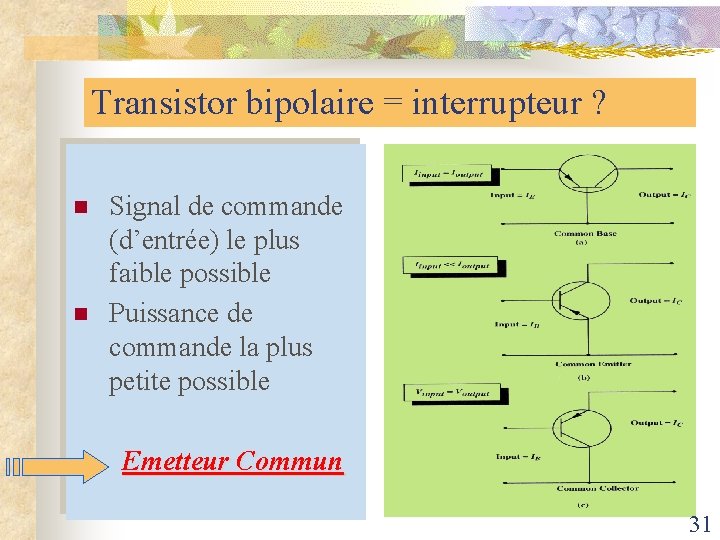 Transistor bipolaire = interrupteur ? n n Signal de commande (d’entrée) le plus faible