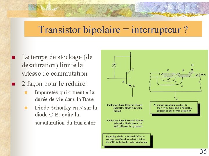 Transistor bipolaire = interrupteur ? n n Le temps de stockage (de désaturation) limite