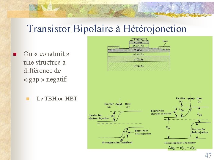 Transistor Bipolaire à Hétérojonction n On « construit » une structure à différence de