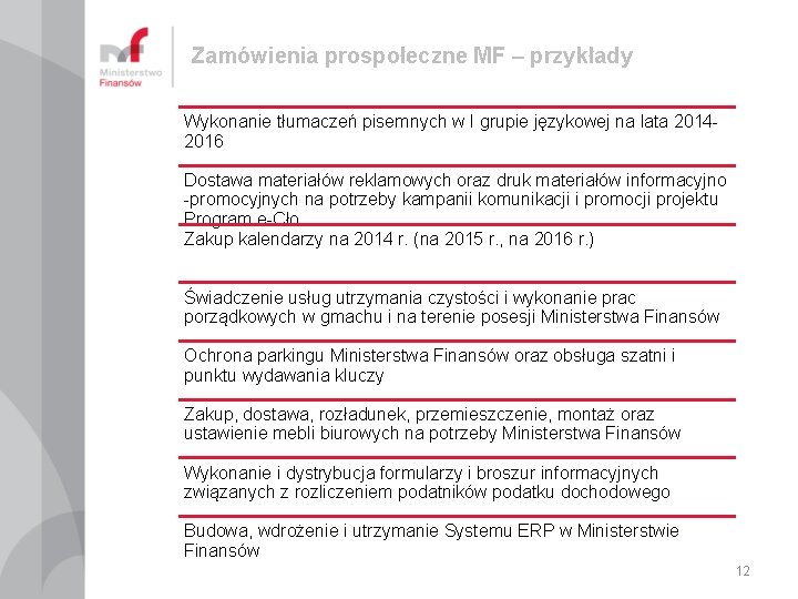 Zamówienia prospołeczne MF – przykłady Wykonanie tłumaczeń pisemnych w I grupie językowej na lata