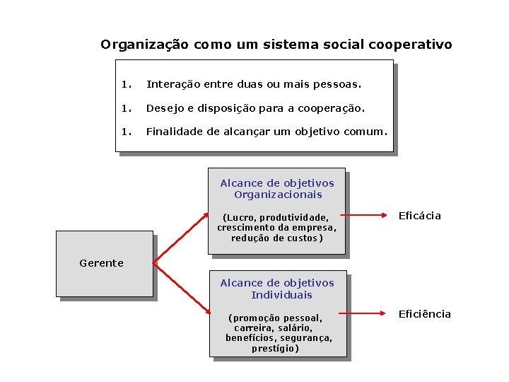 Organização como um sistema social cooperativo 1. Interação entre duas ou mais pessoas. 1.