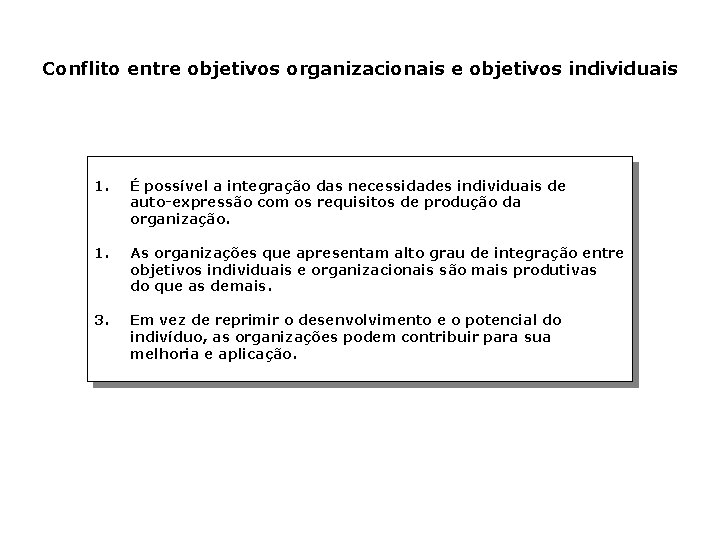 Conflito entre objetivos organizacionais e objetivos individuais 1. É possível a integração das necessidades