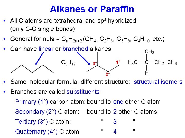 Alkanes or Paraffin • All C atoms are tetrahedral and sp 3 hybridized (only