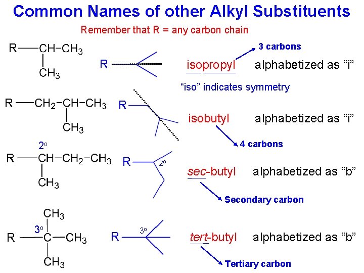 Common Names of other Alkyl Substituents Remember that R = any carbon chain 3