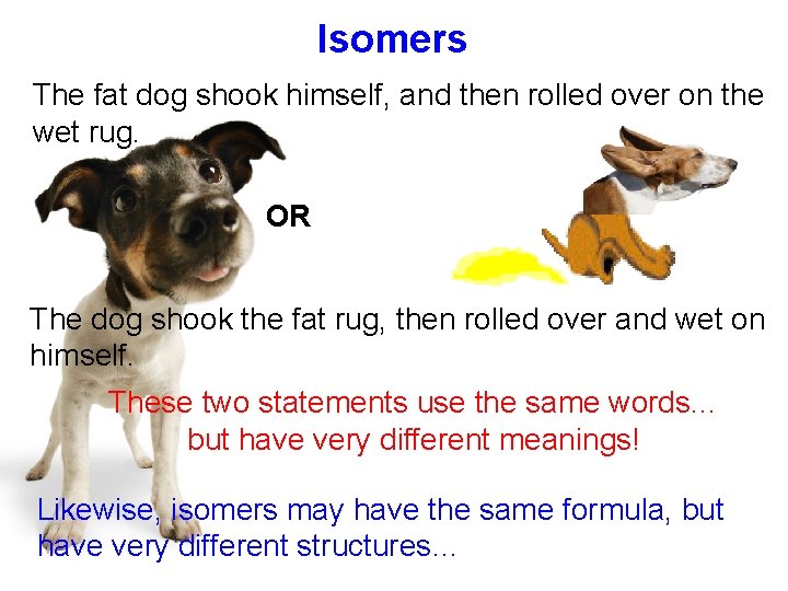 Isomers The fat dog shook himself, and then rolled over on the wet rug.