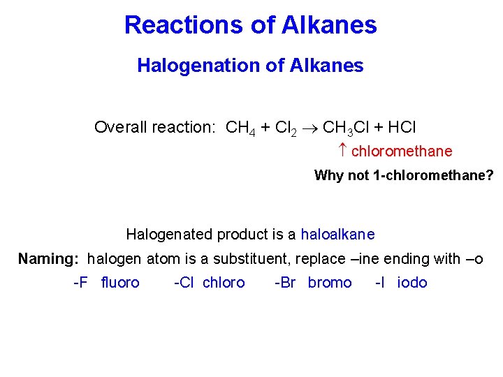 Reactions of Alkanes Halogenation of Alkanes Overall reaction: CH 4 + Cl 2 CH