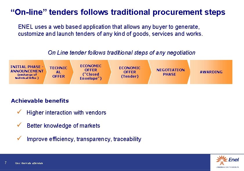 “On-line” tenders follows traditional procurement steps ENEL uses a web based application that allows