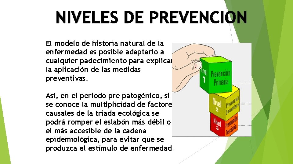 NIVELES DE PREVENCION El modelo de historia natural de la enfermedad es posible adaptarlo