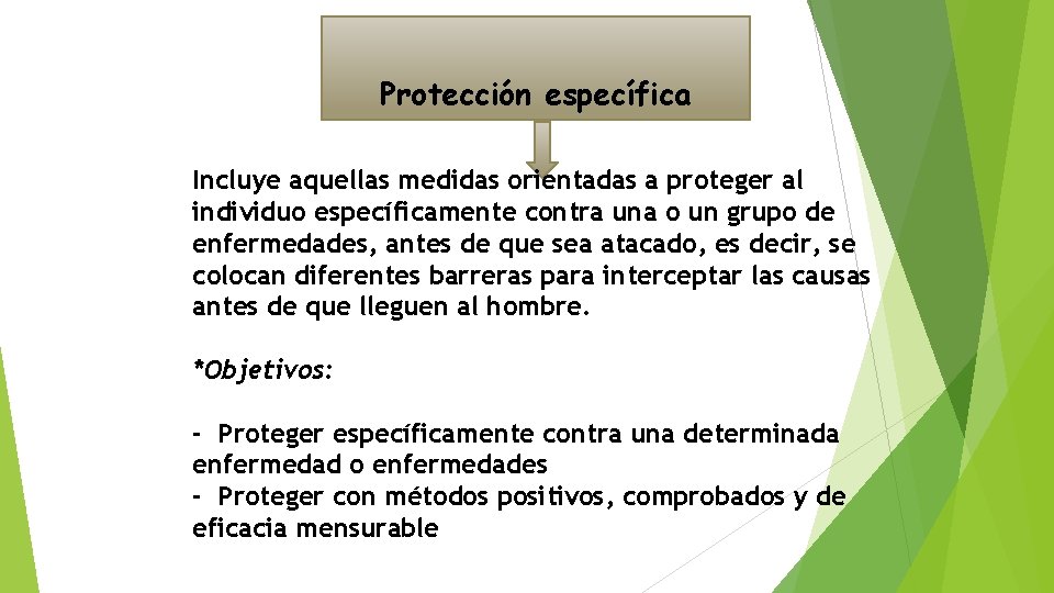 Protección específica Incluye aquellas medidas orientadas a proteger al individuo específicamente contra una o