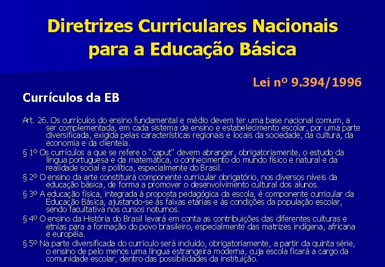 Diretrizes Curriculares Nacionais para a Educação Básica Currículos da EB Lei nº 9. 394/1996