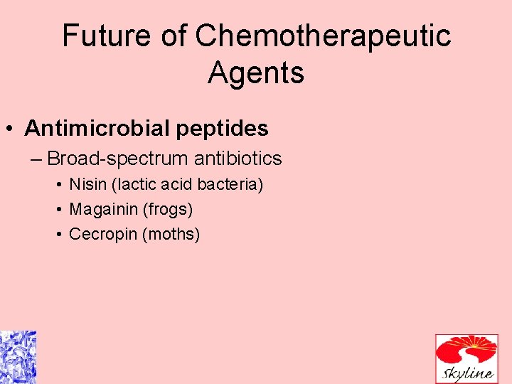 Future of Chemotherapeutic Agents • Antimicrobial peptides – Broad-spectrum antibiotics • Nisin (lactic acid