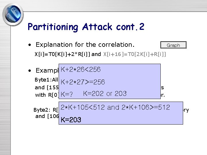 Partitioning Attack cont. 2 • Explanation for the correlation. Graph X[i]=T 0[K[i]+2*R[i]] and X[i+16]=T