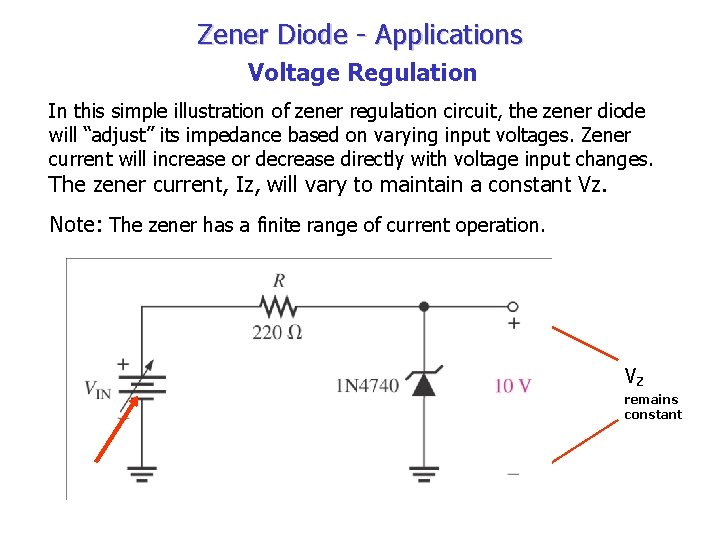 Zener Diode - Applications Voltage Regulation In this simple illustration of zener regulation circuit,