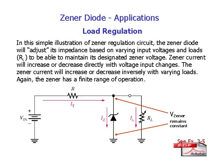 Zener Diode - Applications Load Regulation In this simple illustration of zener regulation circuit,