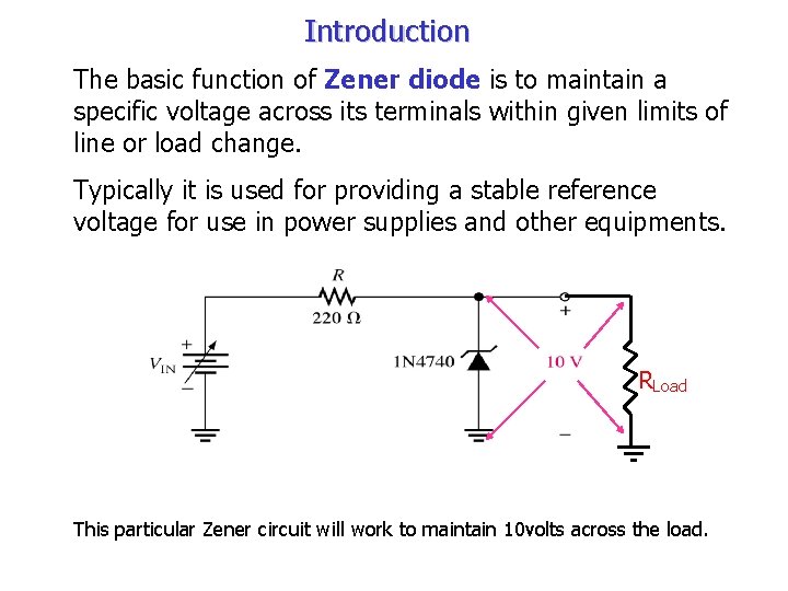 Introduction The basic function of Zener diode is to maintain a specific voltage across