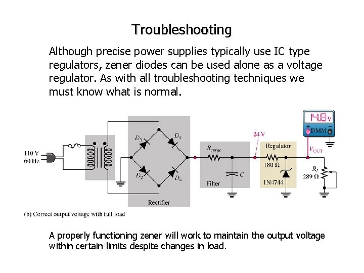 Troubleshooting Although precise power supplies typically use IC type regulators, zener diodes can be