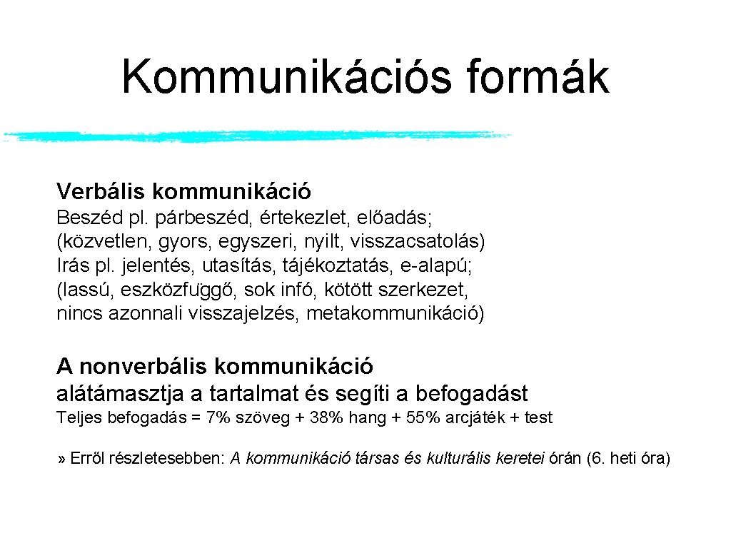 Kommunikációs formák Verbális kommunikáció Beszéd pl. párbeszéd, értekezlet, előadás; (közvetlen, gyors, egyszeri, nyilt, visszacsatolás) Kommunikációs formák Verbális kommunikáció Beszéd pl. párbeszéd, értekezlet, előadás; (közvetlen, gyors, egyszeri, nyilt, visszacsatolás)