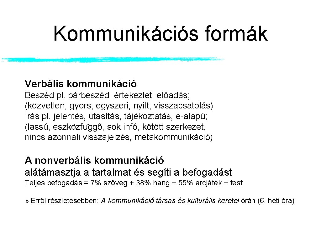 Kommunikációs formák Verbális kommunikáció Beszéd pl. párbeszéd, értekezlet, előadás; (közvetlen, gyors, egyszeri, nyilt, visszacsatolás)