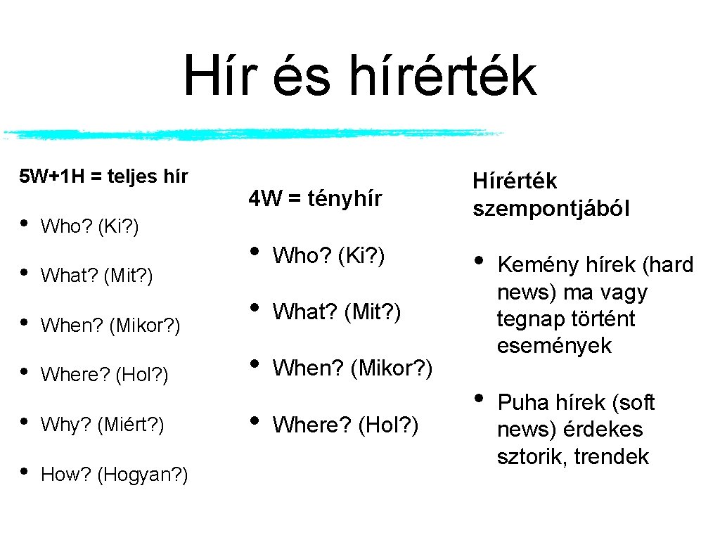 Hír és hírérték 5 W+1 H = teljes hír • • Who? (Ki? ) Hír és hírérték 5 W+1 H = teljes hír • • Who? (Ki? )