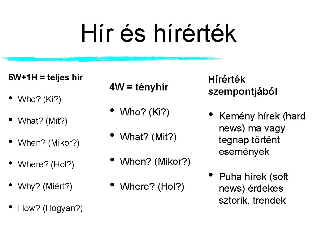 Hír és hírérték 5 W+1 H = teljes hír • • Who? (Ki? )