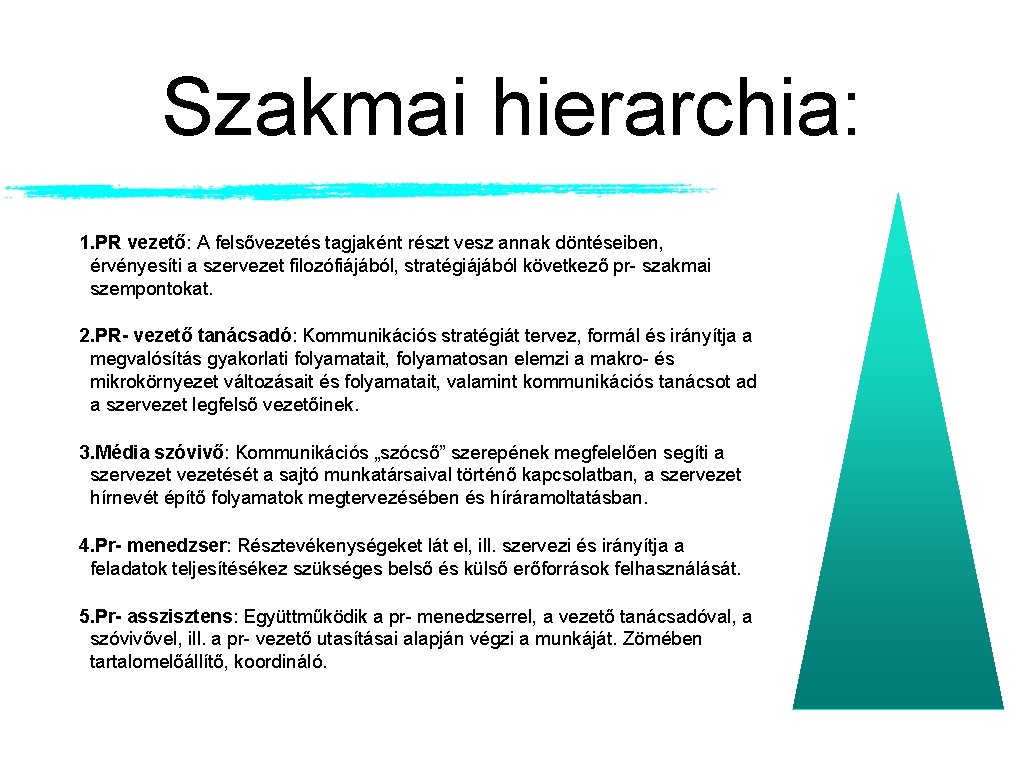 Szakmai hierarchia: 1. PR vezető: A felsővezetés tagjaként részt vesz annak döntéseiben, érvényesíti a Szakmai hierarchia: 1. PR vezető: A felsővezetés tagjaként részt vesz annak döntéseiben, érvényesíti a