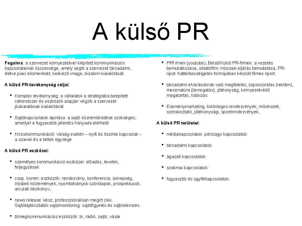 A külső PR Fogalma: a szervezet környezetével kiépített kommunikációs kapcsolatainak összessége, amely segíti a A külső PR Fogalma: a szervezet környezetével kiépített kommunikációs kapcsolatainak összessége, amely segíti a