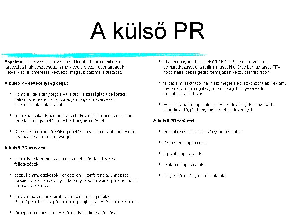 A külső PR Fogalma: a szervezet környezetével kiépített kommunikációs kapcsolatainak összessége, amely segíti a