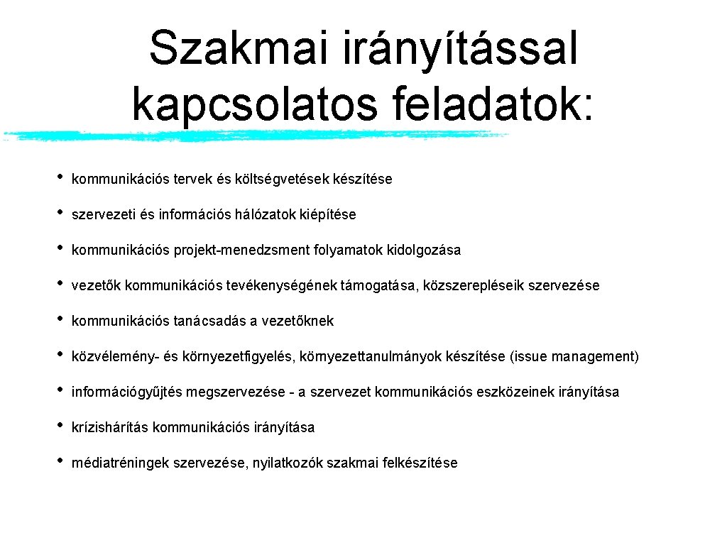 Szakmai irányítással kapcsolatos feladatok: • kommunikációs tervek és költségvetések készítése • szervezeti és információs