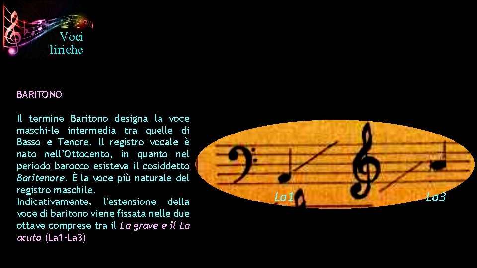 Voci liriche BARITONO Il termine Baritono designa la voce maschi-le intermedia tra quelle di Voci liriche BARITONO Il termine Baritono designa la voce maschi-le intermedia tra quelle di
