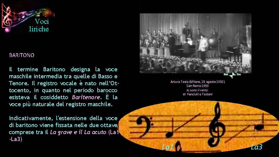 Voci liriche BARITONO Il termine Baritono designa la voce maschile intermedia tra quelle di Voci liriche BARITONO Il termine Baritono designa la voce maschile intermedia tra quelle di