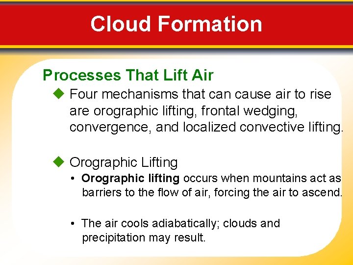 Cloud Formation Processes That Lift Air Four mechanisms that can cause air to rise