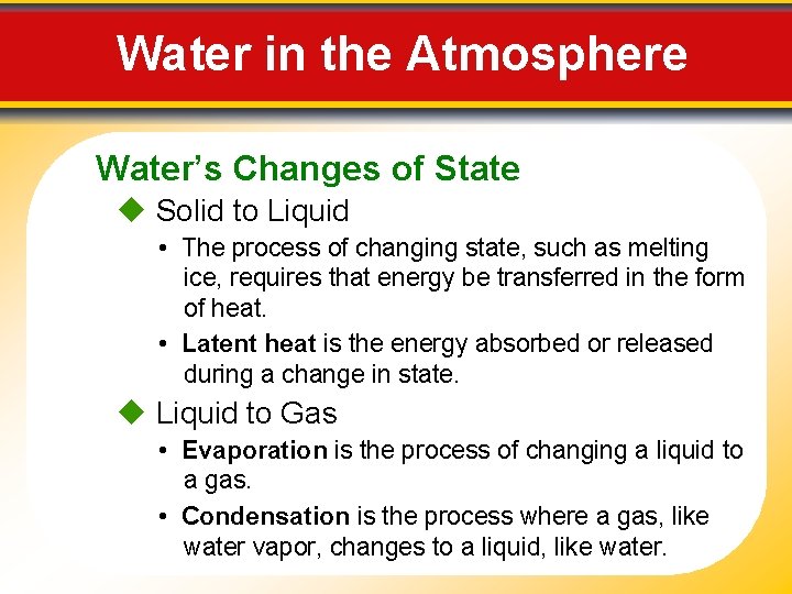 Water in the Atmosphere Water’s Changes of State Solid to Liquid • The process