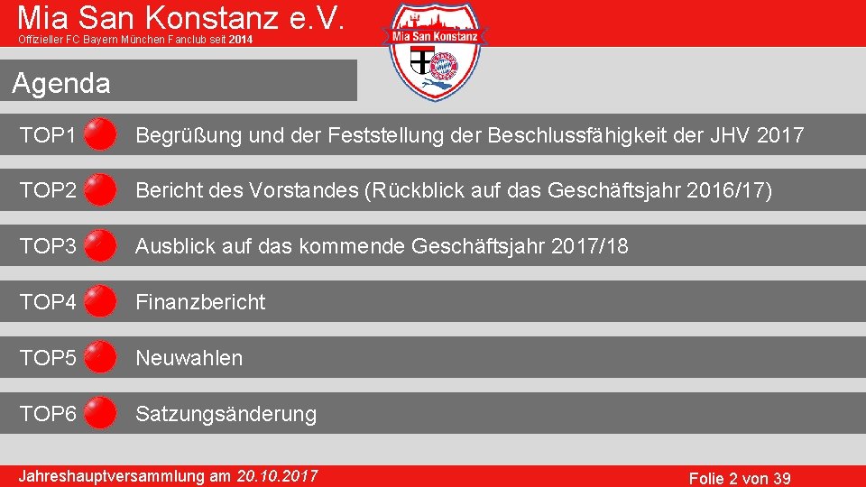 Mia San Konstanz e. V. Offizieller FC Bayern München Fanclub seit 2014 Agenda TOP