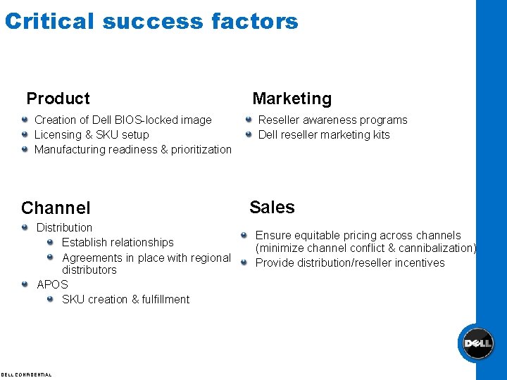 Critical success factors Product Creation of Dell BIOS-locked image Licensing & SKU setup Manufacturing