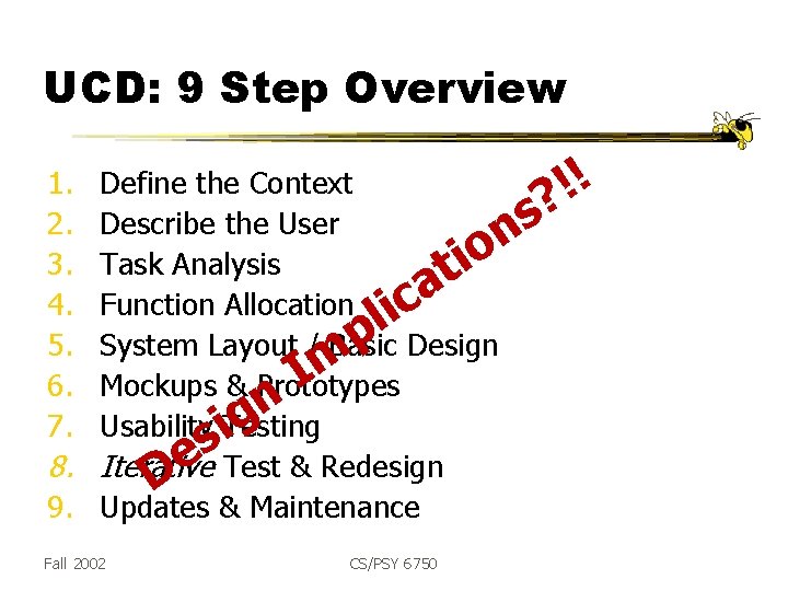 UCD: 9 Step Overview ! Define the Context ! ? s Describe the User