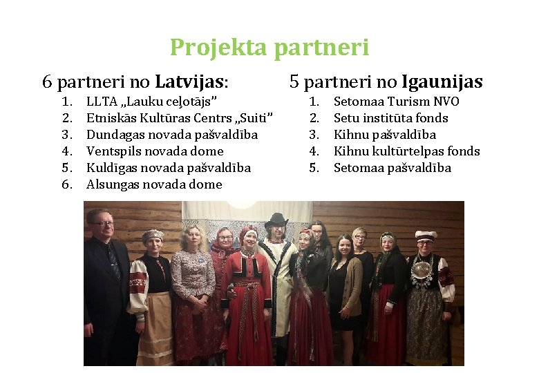 Projekta partneri 6 partneri no Latvijas: 1. 2. 3. 4. 5. 6. LLTA „Lauku