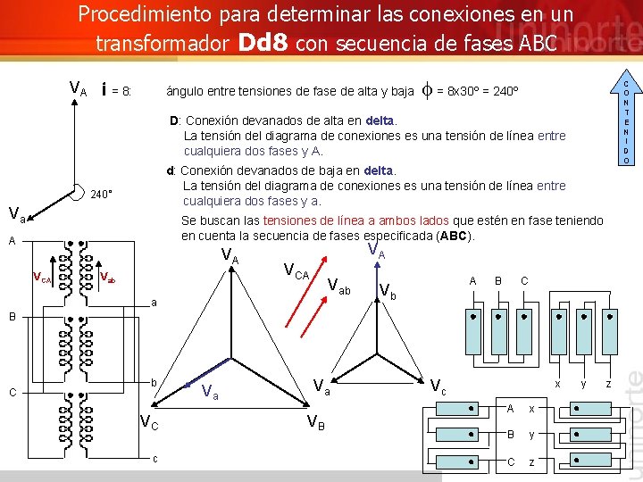 Procedimiento para determinar las conexiones en un transformador Dd 8 con secuencia de fases