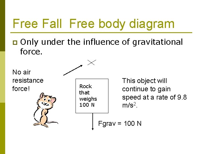 Free Fall Free body diagram p Only under the influence of gravitational force. No Free Fall Free body diagram p Only under the influence of gravitational force. No