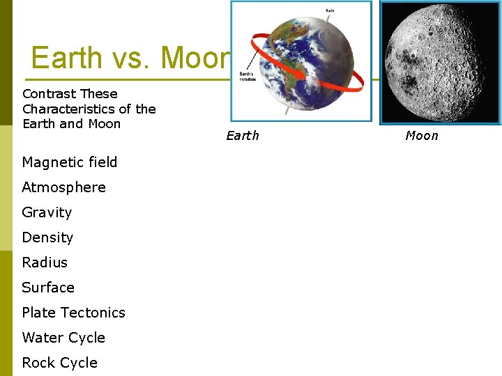 Earth vs. Moon Contrast These Characteristics of the Earth and Moon Magnetic field Atmosphere Earth vs. Moon Contrast These Characteristics of the Earth and Moon Magnetic field Atmosphere
