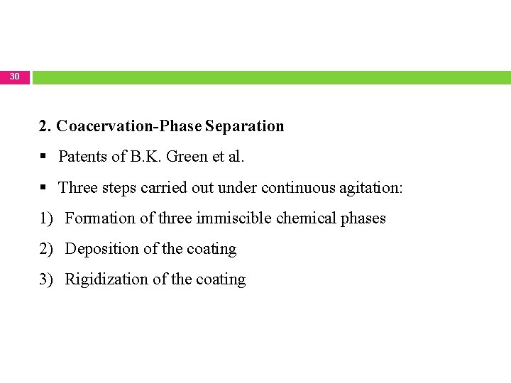 30 2. Coacervation-Phase Separation Patents of B. K. Green et al. Three steps carried