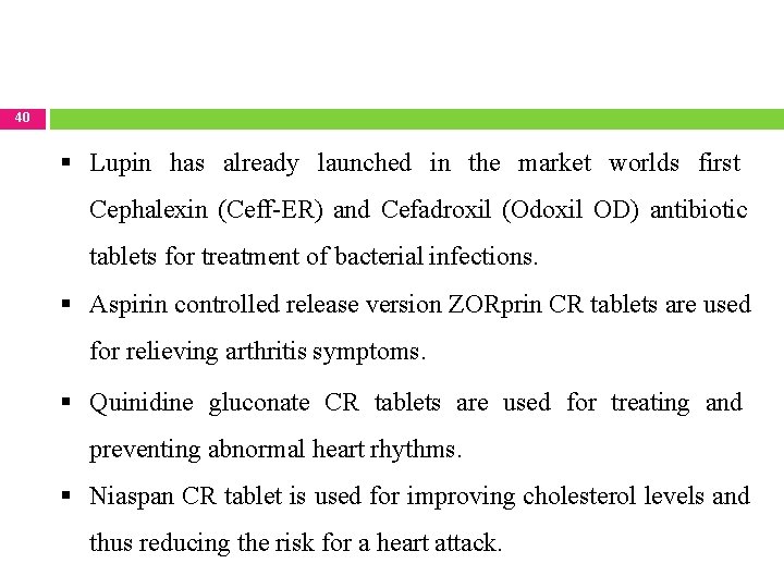 40 Lupin has already launched in the market worlds first Cephalexin (Ceff-ER) and Cefadroxil