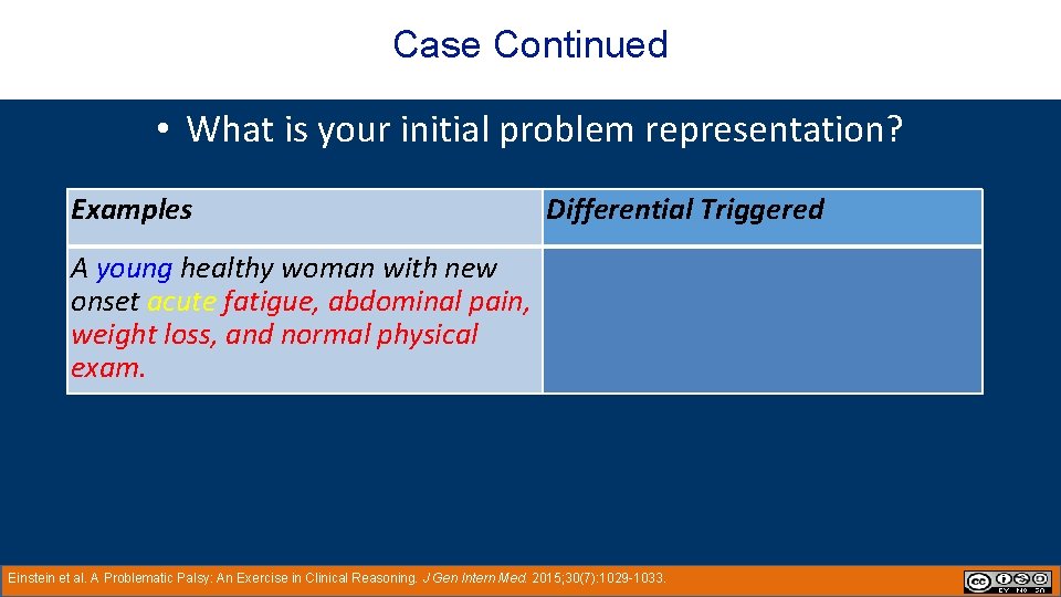 HPI Case Continued • What is your initial problem representation? Examples Differential Triggered A